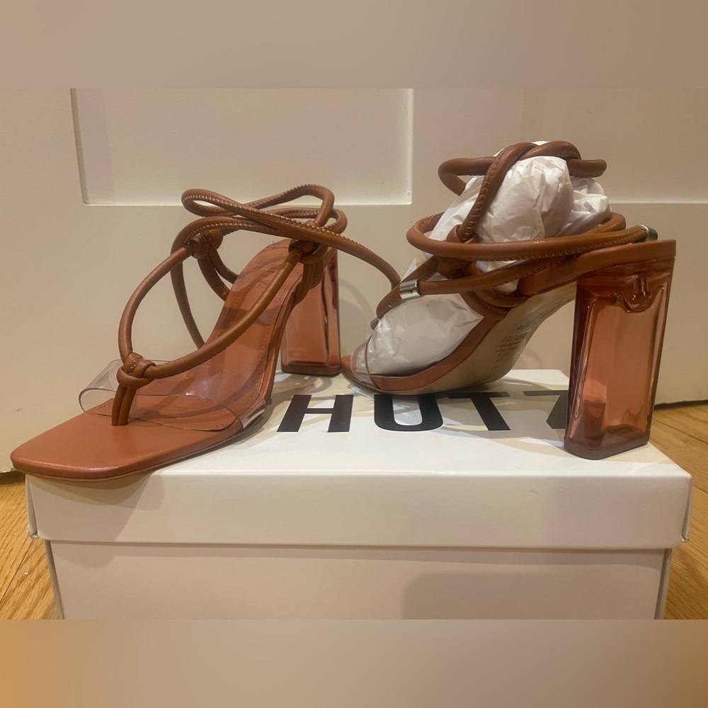 Schutz heeled sandal size 7 1/2 color caramel. 3 1/2” heel. Never worn in box